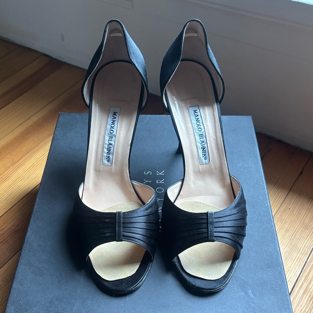 Manolo Blahnik Black Satin Peep-Toe Heels Worn Once
